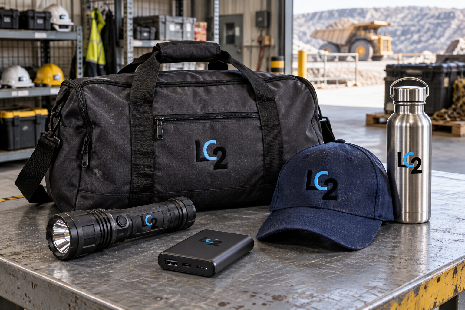 Bolso, gorra, botella y accesorios con marca corporativa en entorno minero
